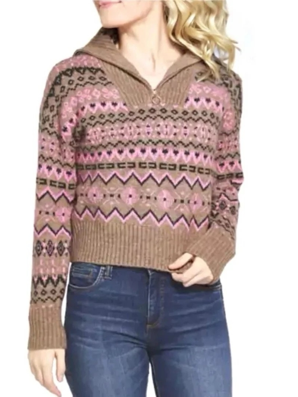 Vero Moda Pink & Brown Fair Isle Cowl-Neck Sweater